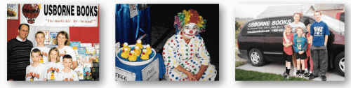 3 photos of the Dean family working their Usborne Books at Home business. Family in front of an Usborne Books at Home booth - their son dressed as a clown running a game at an Usborne Books at Home booth, and Becky Dean and kids standing by their Usborne Books van.