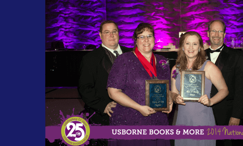 photo of Tim & Kathy Hughes and Tom & Becky Dean holding their awards at the Usborne Books & More's 25th anniversary convention