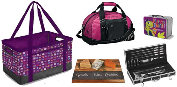 picture of past Home Office Challenge prizes... duffle bag, cutting, grill tool set, kids lunch box, large rectangular bag tote