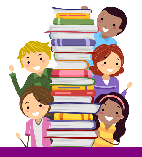 illustration of multi-cultural kids smiling by a stack of usborne books