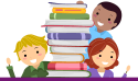 illustration of a stack of book with a black boy with black hair, girl with red hair and a child with blonde hair waving