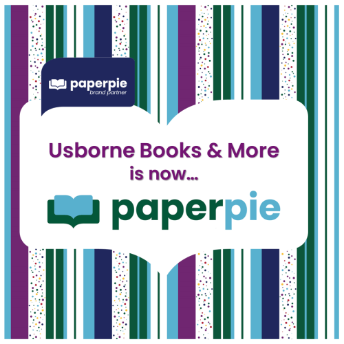 light blue, purple, navy, dark green striped background with the white open book illustration on top with the words Usborne Books & More is now... PaperPie