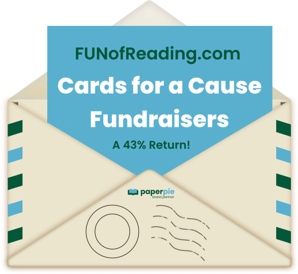 an illustrated envelope with a sky blue paper sticking out with the words printed on it... FUNofReading.com - Cards for a Cause Fundraisers - A 43% Return