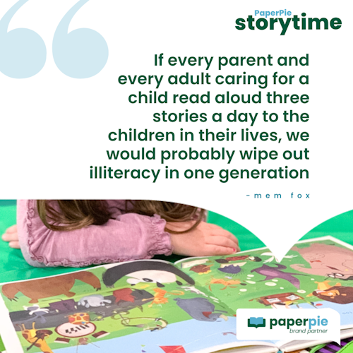 picture of a child reading an usborne book with the quote: If every parent and every adult caring for a child read aloud three stories a day to the children in their lives, we would probably wipe out illiteracy in one generation. - Mem Fox