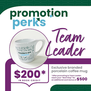 promotion perks for promoting to team leader graphic - $200 in book credit in purple text